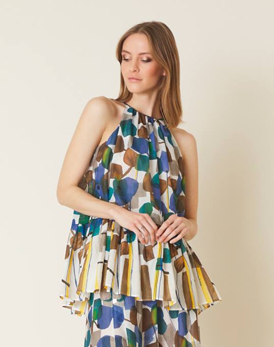 Manila Grace ملابس نحيف حليب ابيض جزء علوي مطبوع مع طبقات Z2TJ280