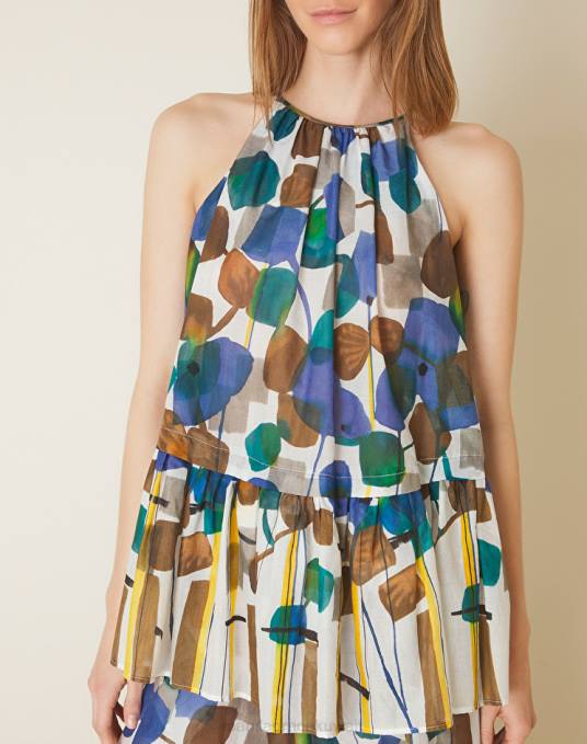 Manila Grace ملابس نحيف حليب ابيض جزء علوي مطبوع مع طبقات Z2TJ280