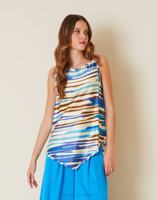 Manila Grace ملابس نحيف محيط أزرق بلوزة بدون أكمام مع طباعة مخططة Z2TJ281