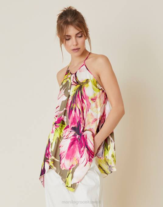 Manila Grace ملابس نحيف الأخضر الحمضي جزء علوي غير متماثل مع طباعة زهور Z2TJ282