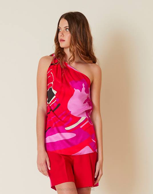 Manila Grace ملابس نحيف أحمر بلوزة بكتف واحد من نسيج التويل الفيسكوز Z2TJ284