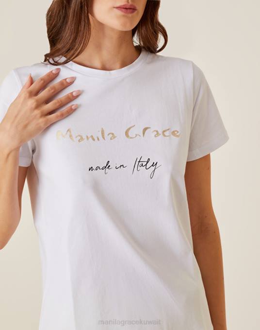 Manila Grace ملابس نحيف أبيض بصري تي شيرت بطبعة شعار ذهبي Z2TJ285