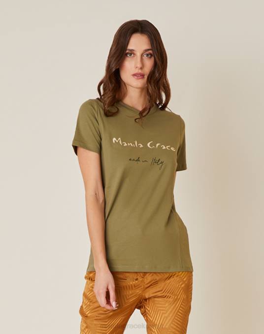 Manila Grace ملابس نحيف الأخضر العسكري تي شيرت بطبعة شعار ذهبي Z2TJ287