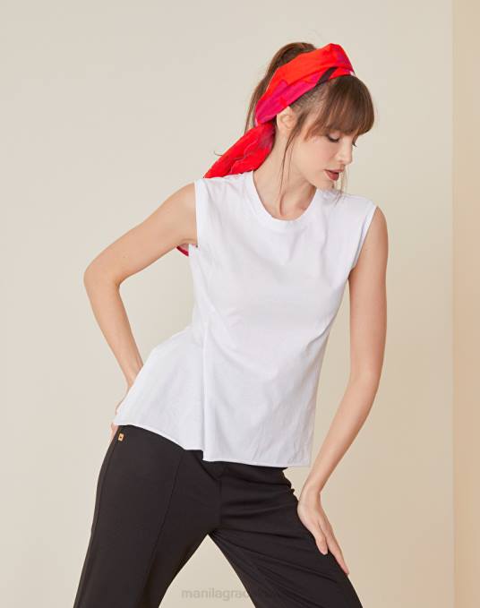 Manila Grace ملابس نحيف أبيض بصري بلوزة بدون أكمام مع لوحة جانبية Z2TJ296