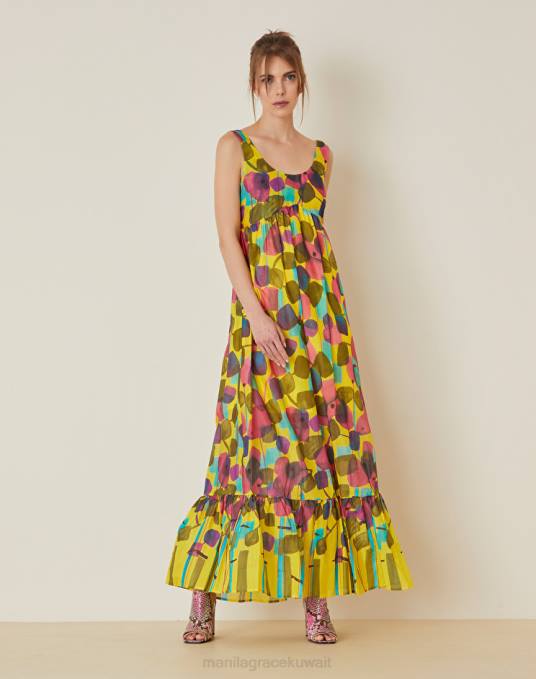 Manila Grace ملابس نحيف أصفر فستان طويل من القطن بطبعة شجرة تجريدية Z2TJ3
