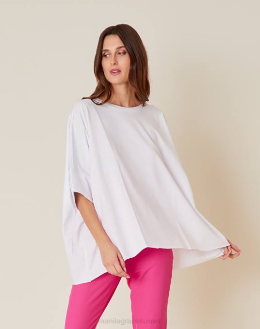 Manila Grace ملابس نحيف أبيض بصري بلوزة مربعة بأكمام ثلاثة أرباع Z2TJ300