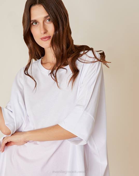 Manila Grace ملابس نحيف أبيض بصري بلوزة مربعة بأكمام ثلاثة أرباع Z2TJ300