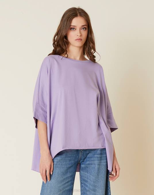 Manila Grace ملابس نحيف الخزامى بلوزة مربعة بأكمام ثلاثة أرباع Z2TJ301