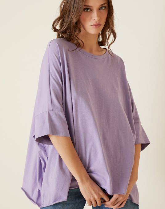 Manila Grace ملابس نحيف الخزامى بلوزة مربعة بأكمام ثلاثة أرباع Z2TJ301