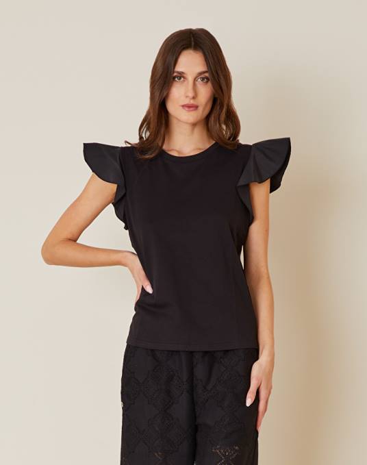 Manila Grace ملابس نحيف أسود قمة بأكمام منتفخة متباينة Z2TJ302