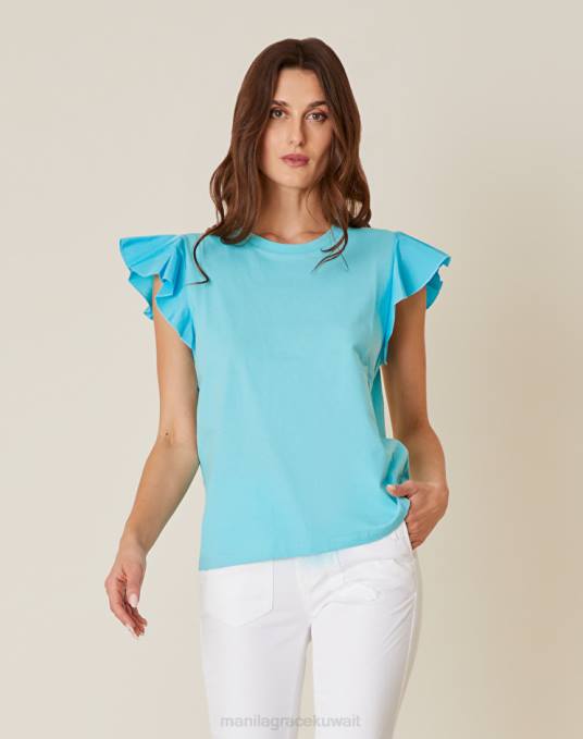 Manila Grace ملابس نحيف الفيروز قمة بأكمام منتفخة متباينة Z2TJ303