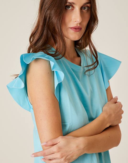 Manila Grace ملابس نحيف الفيروز قمة بأكمام منتفخة متباينة Z2TJ303