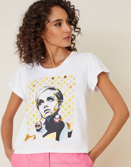 Manila Grace ملابس نحيف أبيض بصري تي شيرت بطبعة غصين Z2TJ305