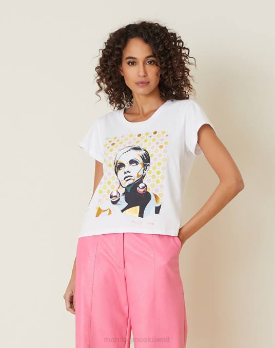 Manila Grace ملابس نحيف أبيض بصري تي شيرت بطبعة غصين Z2TJ305