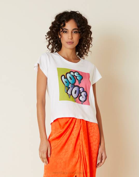 Manila Grace ملابس نحيف أبيض بصري تي شيرت بطبعة متباينة Z2TJ307