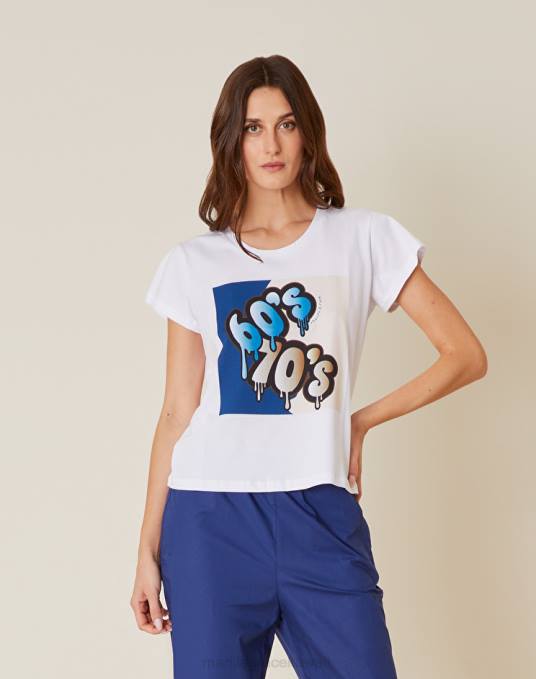 Manila Grace ملابس نحيف محيط أزرق تي شيرت بطبعة متباينة Z2TJ308