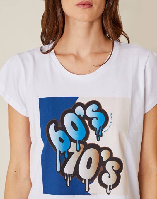 Manila Grace ملابس نحيف محيط أزرق تي شيرت بطبعة متباينة Z2TJ308