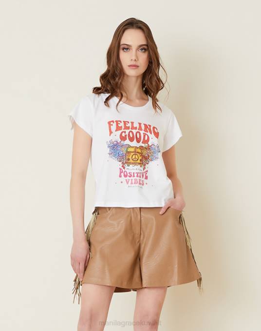 Manila Grace ملابس نحيف أبيض بصري تي شيرت مع المشاعر الإيجابية Z2TJ309