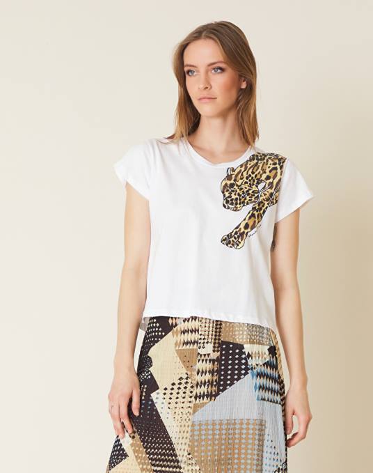 Manila Grace ملابس نحيف أبيض بصري تيشيرت بطبعة جاكوار Z2TJ312