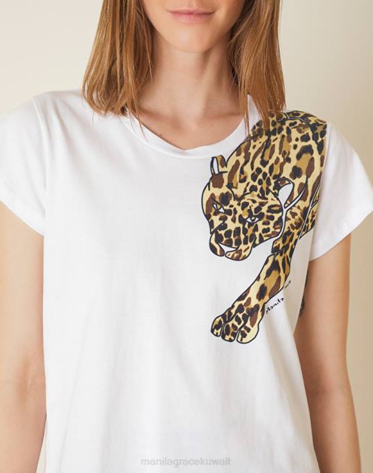 Manila Grace ملابس نحيف أبيض بصري تيشيرت بطبعة جاكوار Z2TJ312