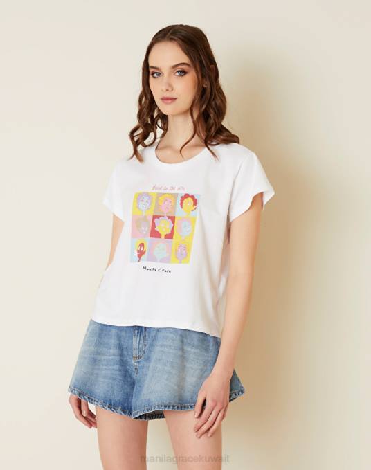 Manila Grace ملابس نحيف أبيض بصري تيشيرت بطبعة "العودة إلى الستينيات". Z2TJ314