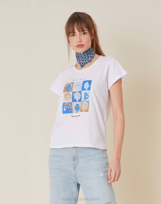 Manila Grace ملابس نحيف محيط أزرق تيشيرت بطبعة "العودة إلى الستينيات". Z2TJ315