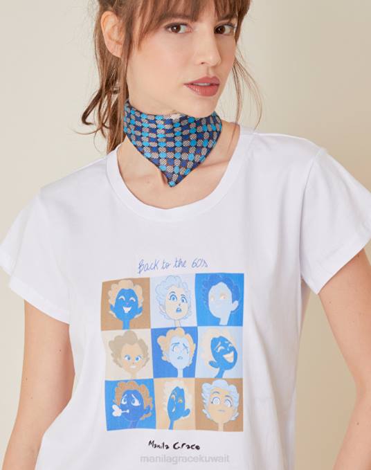 Manila Grace ملابس نحيف محيط أزرق تيشيرت بطبعة 