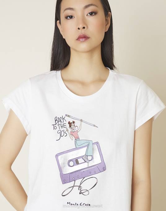 Manila Grace ملابس نحيف أبيض بصري تيشيرت بطبعة 