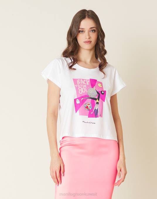 Manila Grace ملابس نحيف أبيض بصري تيشيرت بطبعة "العودة إلى الثمانينات". Z2TJ318
