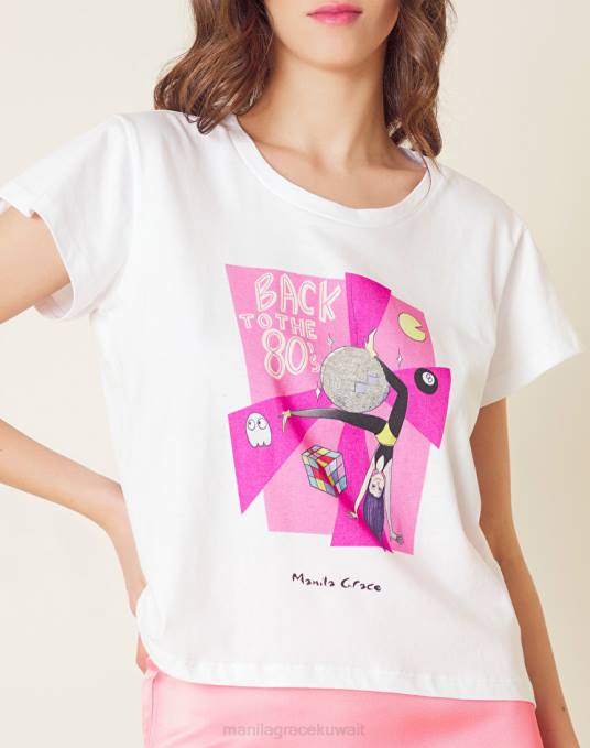 Manila Grace ملابس نحيف أبيض بصري تيشيرت بطبعة 
