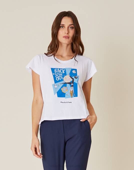 Manila Grace ملابس نحيف ازرق غامق تيشيرت بطبعة "العودة إلى الثمانينات". Z2TJ320