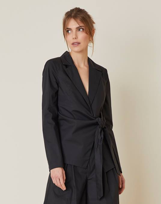 Manila Grace ملابس نحيف أسود بليزر ملفوف من قماش البوبلين القطني Z2TJ325