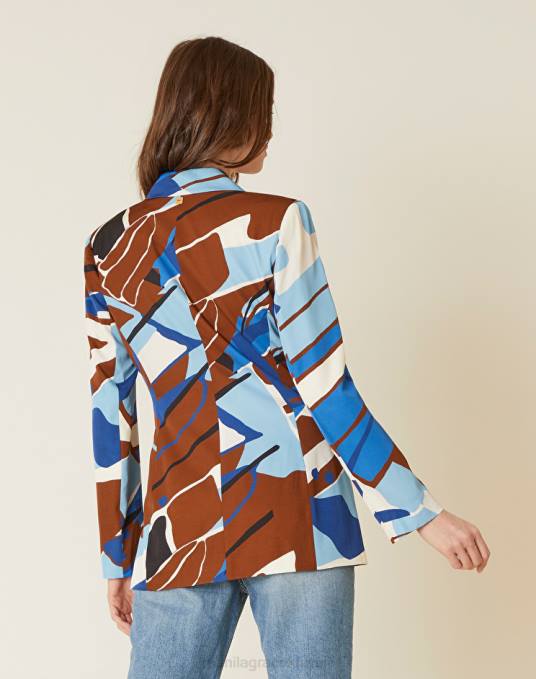 Manila Grace ملابس نحيف التبغ البني بليزر بأزرار مزدوجة من الفيسكوز المطبوع Z2TJ326