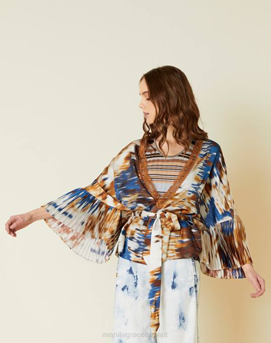 Manila Grace ملابس نحيف التبغ البني كيمونو من الساتان مع تفاصيل من الدانتيل Z2TJ327