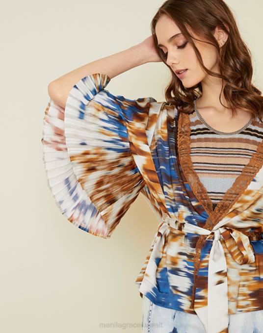 Manila Grace ملابس نحيف التبغ البني كيمونو من الساتان مع تفاصيل من الدانتيل Z2TJ327