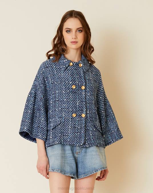 Manila Grace ملابس نحيف محيط أزرق كاب مزدوج الصدر مصنوع من القطن والتويد الفيسكوز Z2TJ329