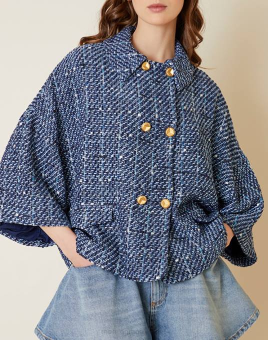 Manila Grace ملابس نحيف محيط أزرق كاب مزدوج الصدر مصنوع من القطن والتويد الفيسكوز Z2TJ329