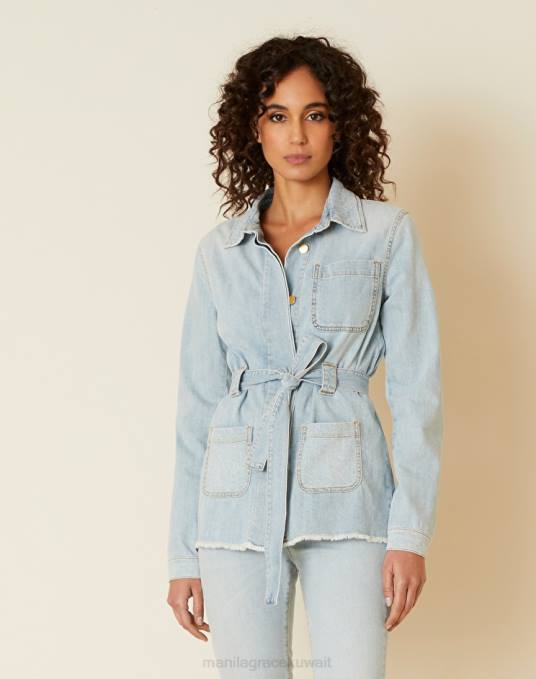 Manila Grace ملابس نحيف أزرق فاتح سترة من الدنيم مع حزام وتفاصيل جاكار Z2TJ330
