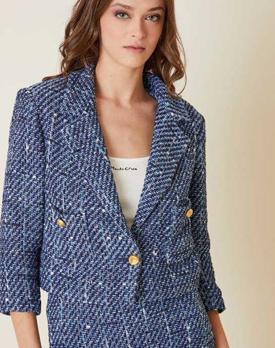 Manila Grace ملابس نحيف محيط أزرق سترة بأكمام ثلاثة أرباع Z2TJ331