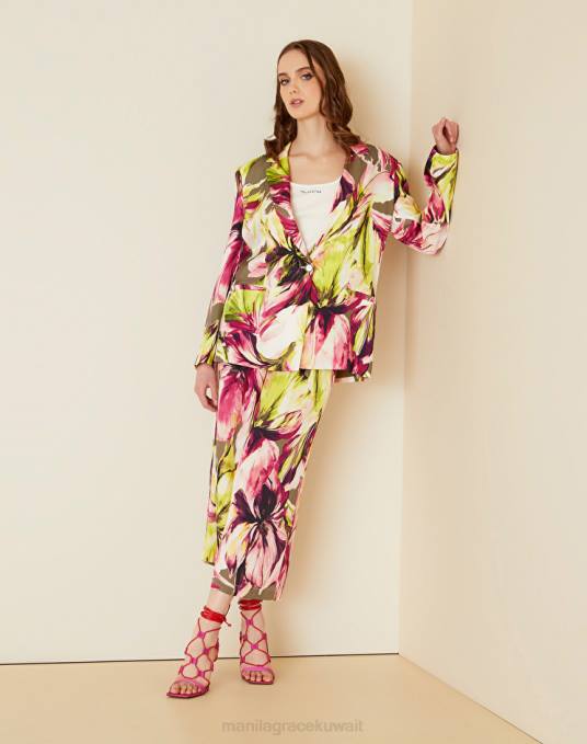 Manila Grace ملابس نحيف الأخضر الحمضي بليزر بصف أزرار واحد من الفيسكوز اللامع مع طبعة زهور ماكسي Z2TJ337