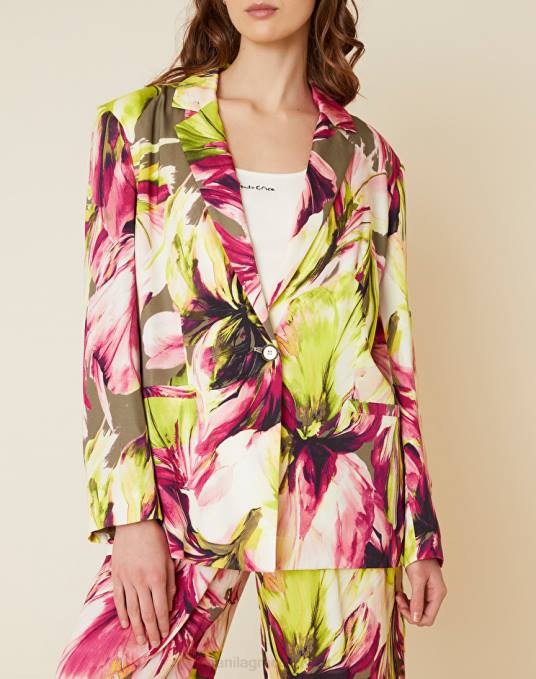 Manila Grace ملابس نحيف الأخضر الحمضي بليزر بصف أزرار واحد من الفيسكوز اللامع مع طبعة زهور ماكسي Z2TJ337