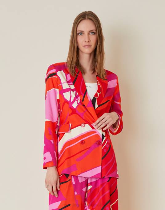 Manila Grace ملابس نحيف أحمر بليزر بأزرار مزدوجة من الفيسكوز المطبوع Z2TJ338