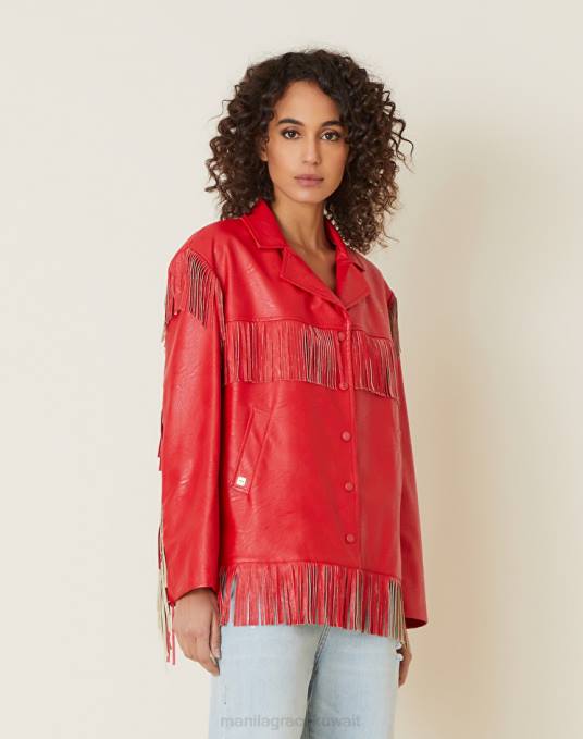 Manila Grace ملابس نحيف أحمر سترة من الجلد الصناعي مهدب Z2TJ339