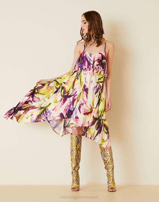 Manila Grace ملابس نحيف أصفر فستان غير متماثل مع طباعة زهور ماكسي Z2TJ34