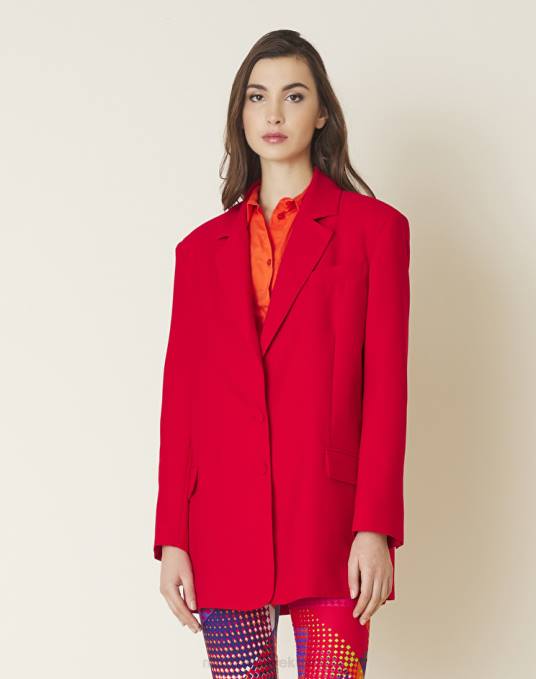 Manila Grace ملابس نحيف أحمر سترة كبيرة الحجم مصنوعة من الكريب بلون خالص Z2TJ340