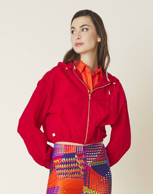 Manila Grace ملابس نحيف أحمر سترة بغطاء للرأس بلون سادة من النايلون المقاوم للتمزق Z2TJ341