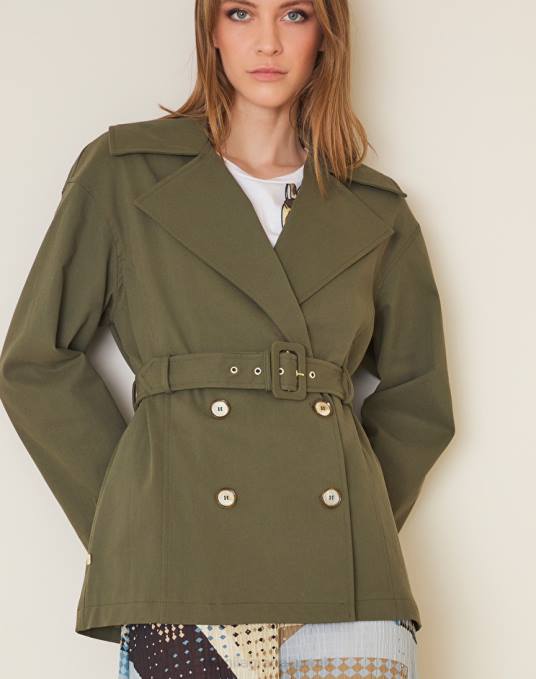 Manila Grace ملابس نحيف الأخضر العسكري معطف قصير من نسيج القطن Z2TJ344