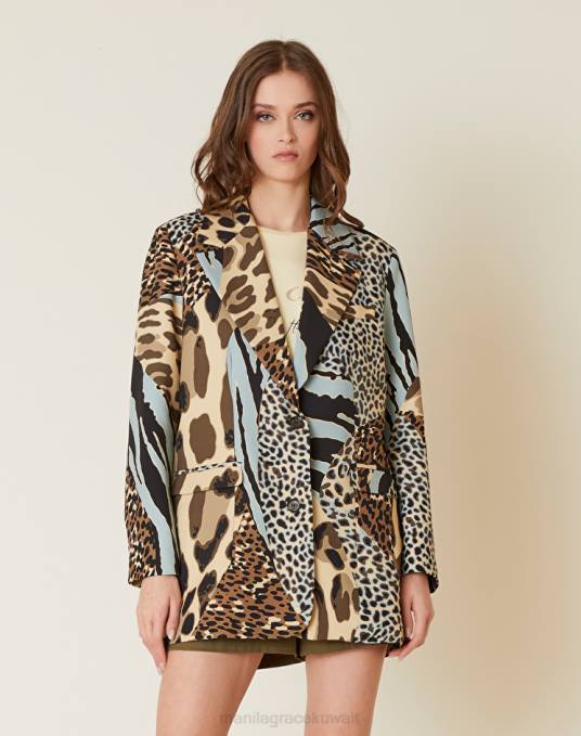 Manila Grace ملابس نحيف الغبار الأزرق سترة كبيرة الحجم من قماش الكادي بطبعات الحيوانات Z2TJ345