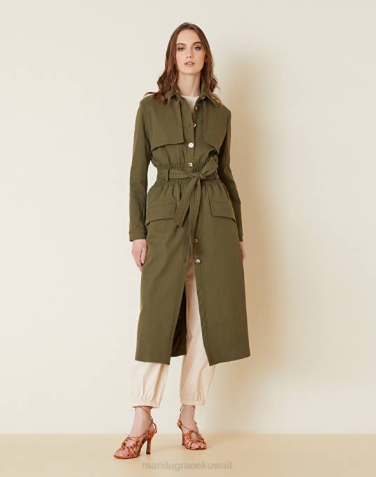 Manila Grace ملابس نحيف الأخضر العسكري معطف طويل من نسيج القطن Z2TJ346