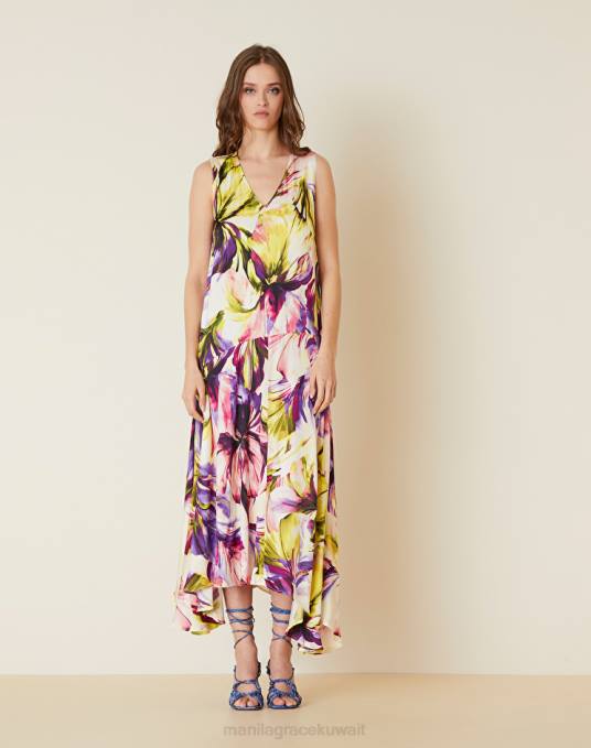 Manila Grace ملابس نحيف أصفر فستان ميدي غير متماثل مع طباعة زهور ماكسي Z2TJ35